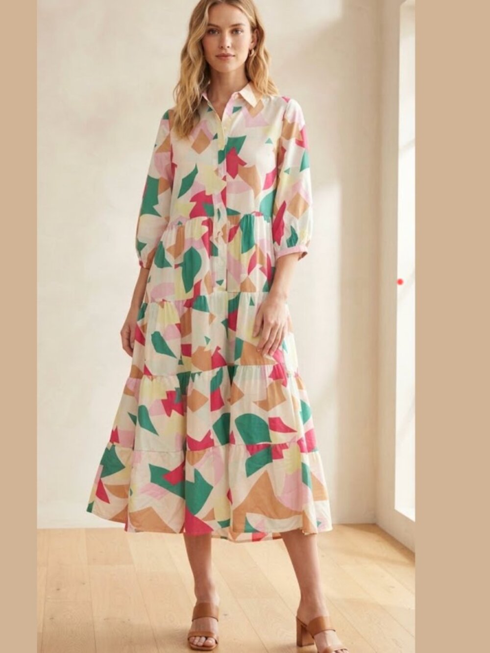 Carole Christian Retro Abstract Print Tiered Midi Dress, Colorful Statement L